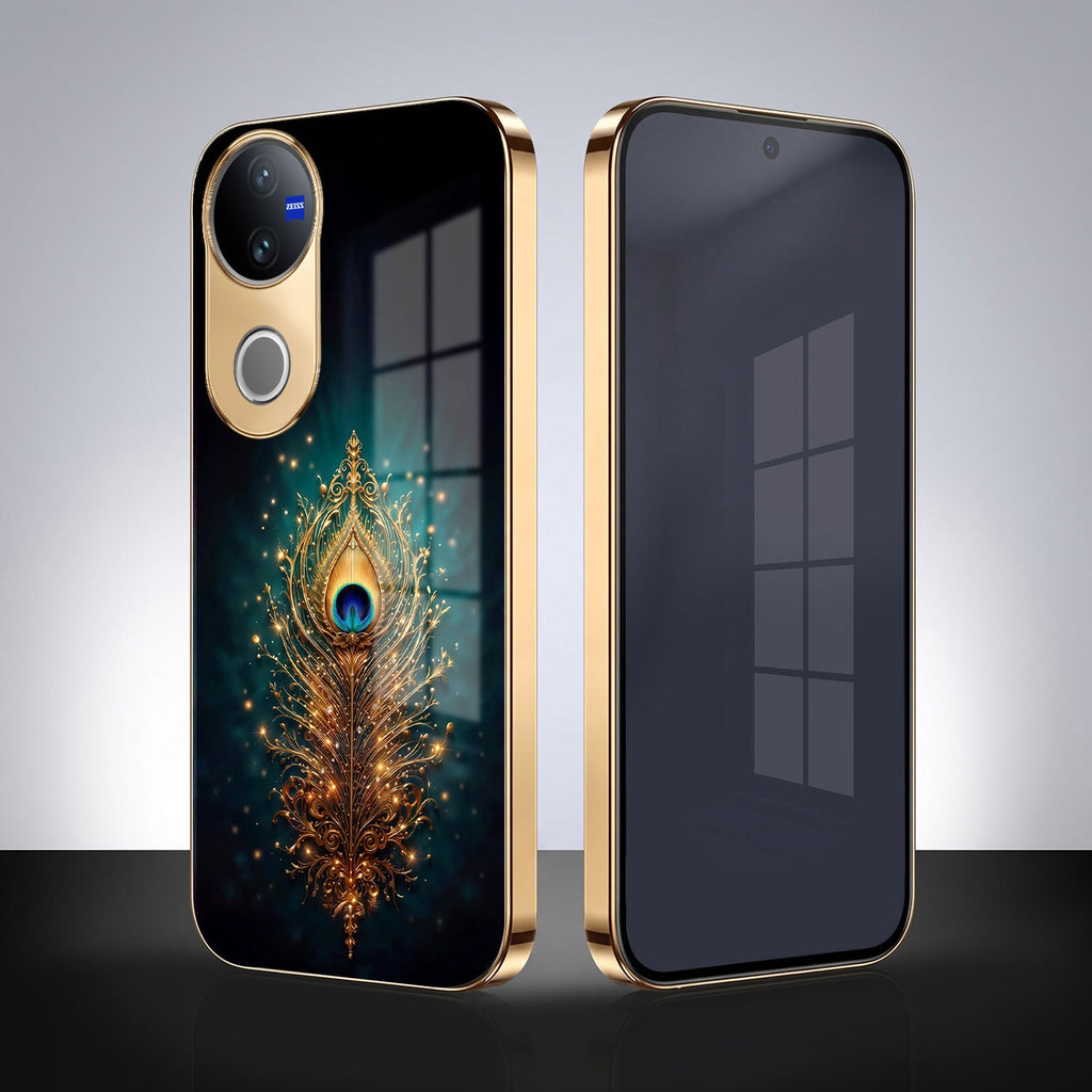 Vivo T4R 5G Golden Peacock Feather Gold Electroplated Glass Phone Back Case