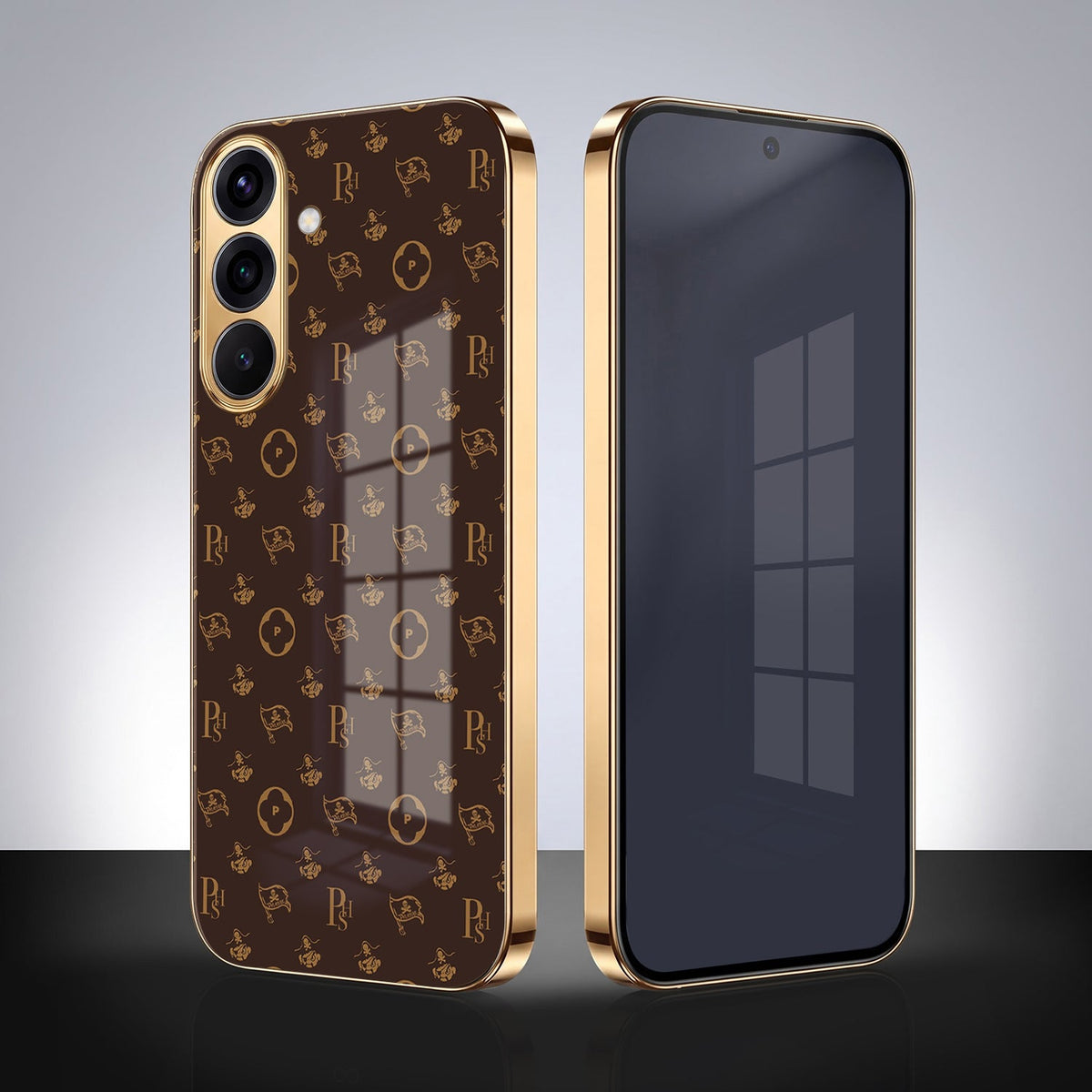 Samsung Galaxy A56 5G Luxury Monogram Brown Gold Electroplated Glass Phone Back Case