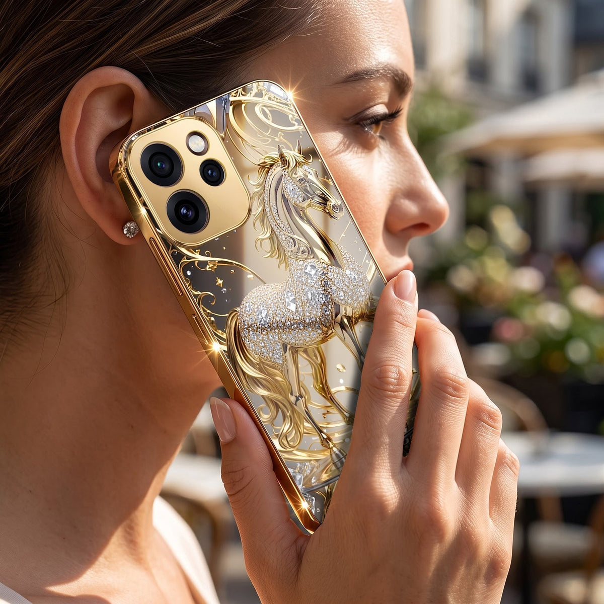 Oppo Reno 15 Pro Mini 5G Luxury Horse Texture Gold Electroplated Glass Phone Back Case