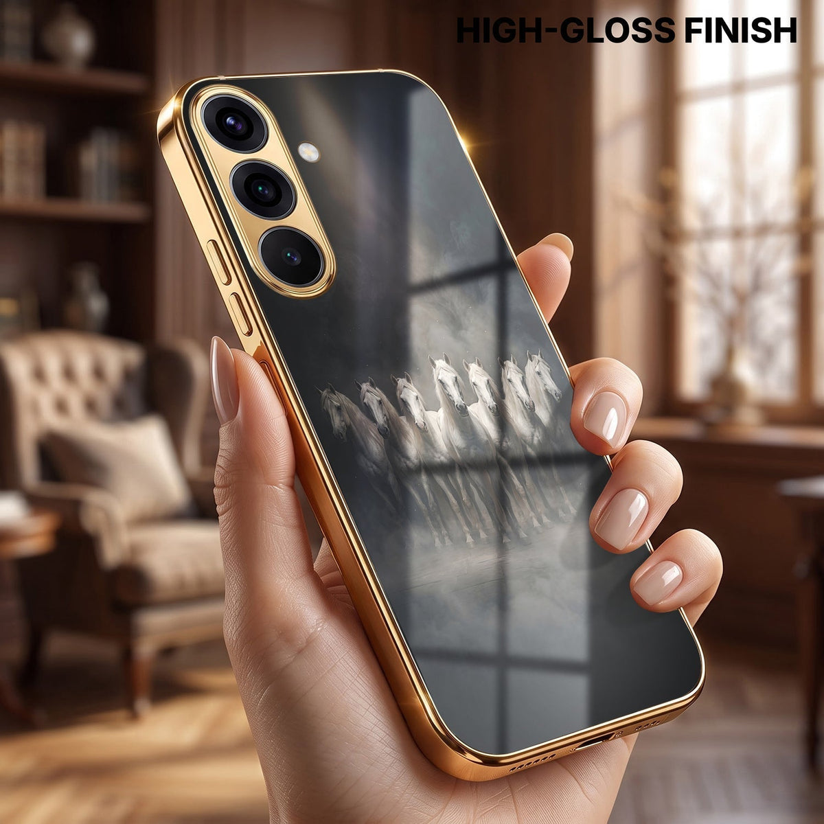 Samsung Galaxy A36 5G Running Horses Gold Electroplated Glass Phone Back Case