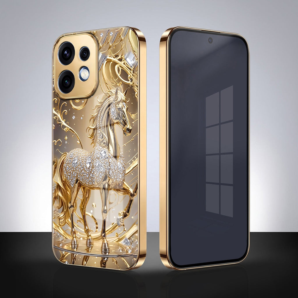 Oppo Reno 16 5G Luxury Horse Texture Gold Electroplated Glass Phone Back Case