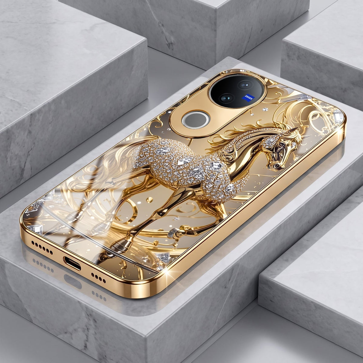 Vivo T4R 5G Luxury Horse Texture Gold Electroplated Glass Phone Back Case