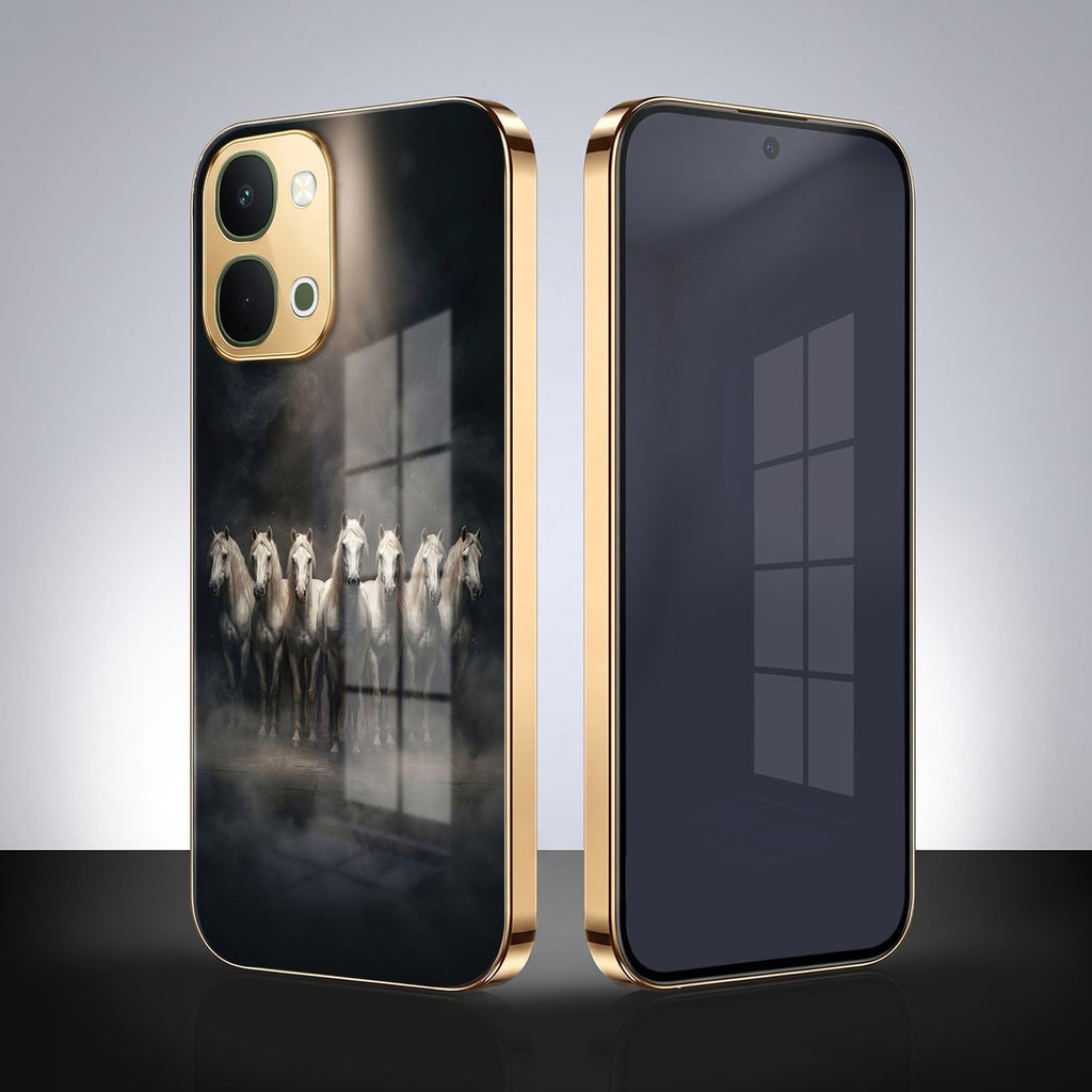 Vivo Y51 Pro 5G Running Horses Gold Electroplated Glass Phone Back Case