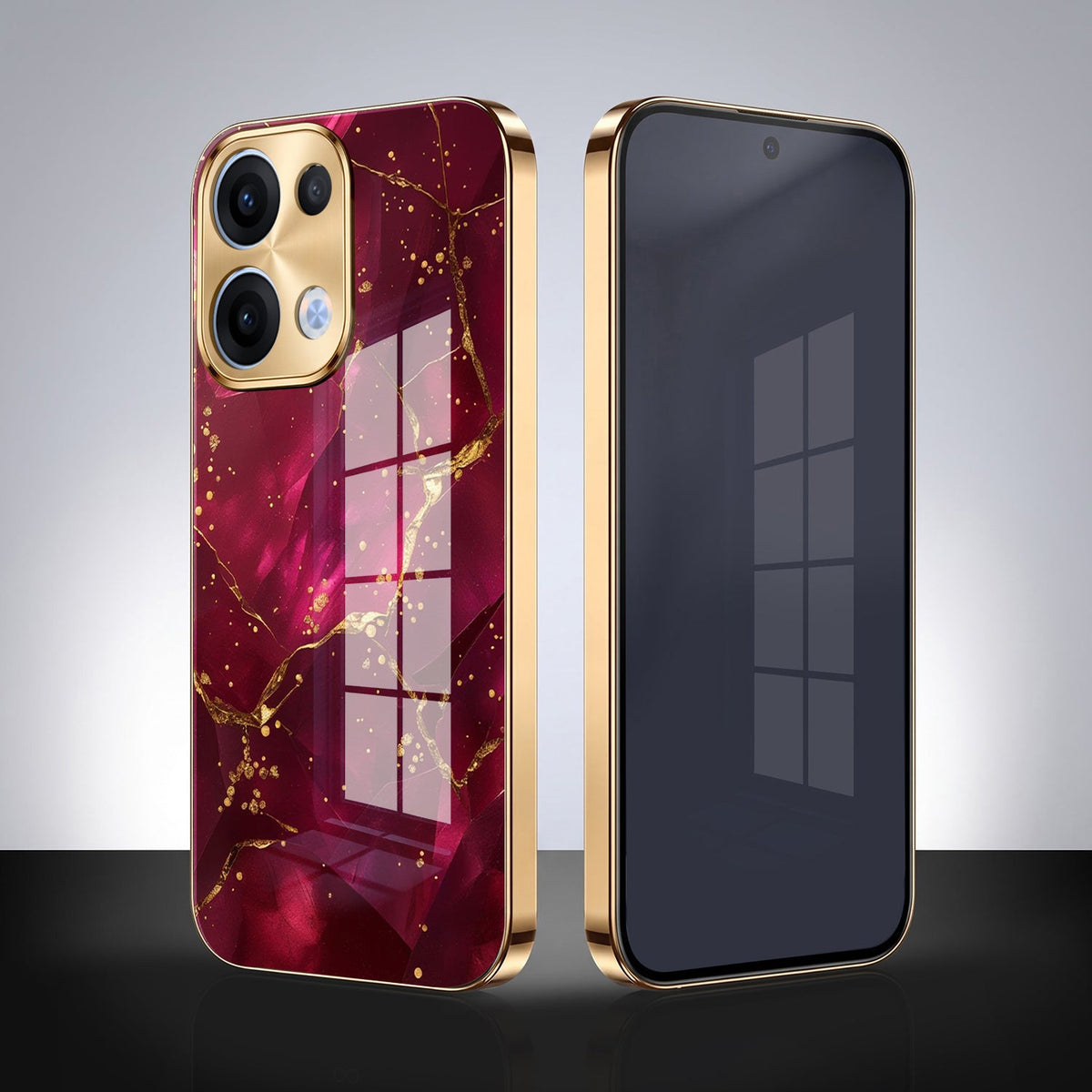 Oppo Reno 13 5G Luxury Crimson Gold Marble Electroplated Glass Case