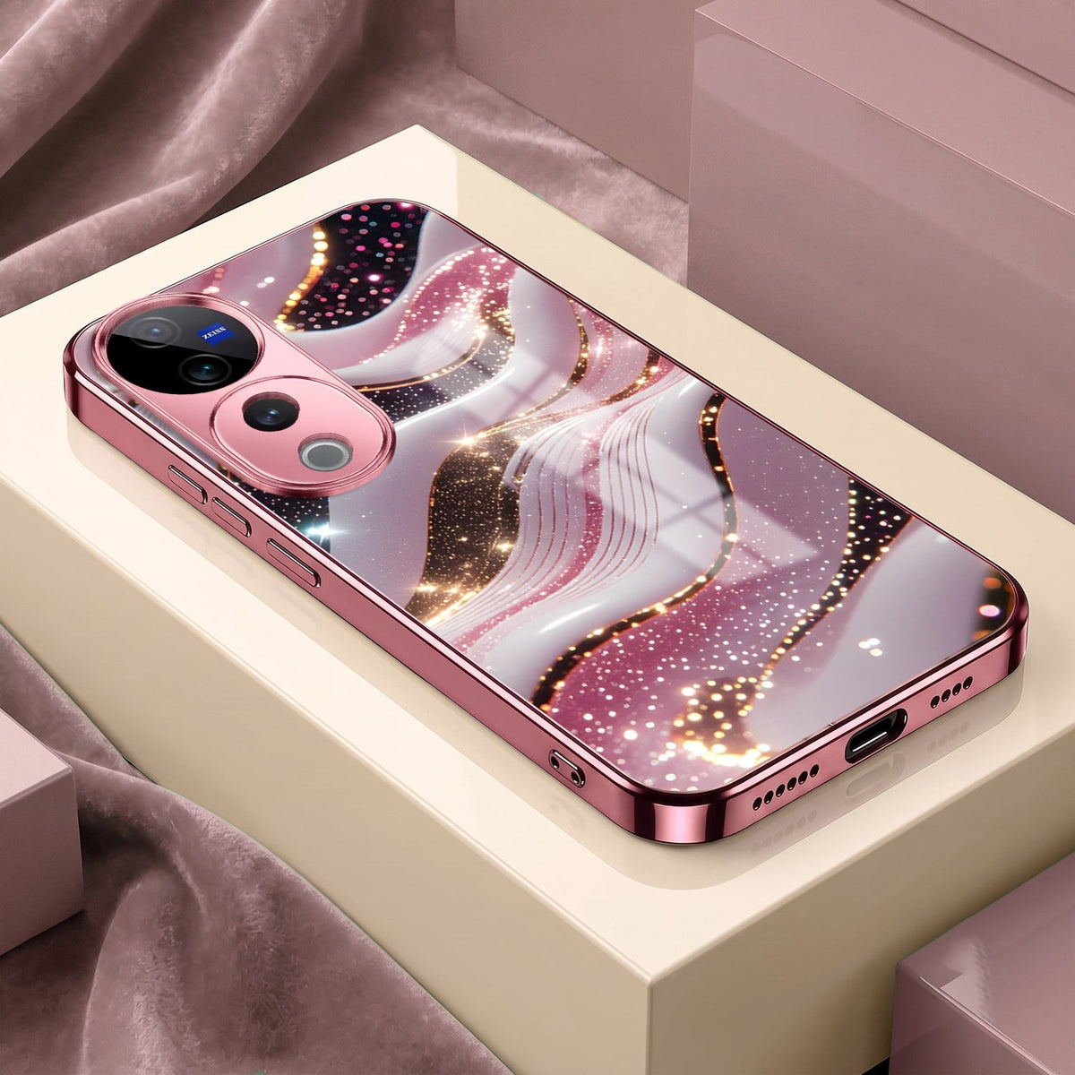 Vivo V40 Pro 5G Midnight Pearl Wave Pink Electroplated Glass Phone Back Case