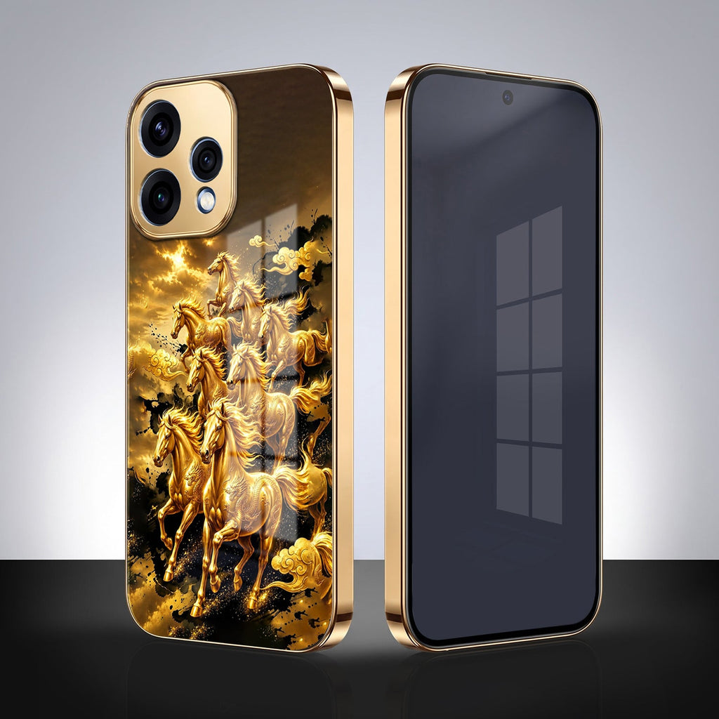 Oppo Reno 15 5G Horses Royal Glory Gold Electroplated Glass Phone Back Case