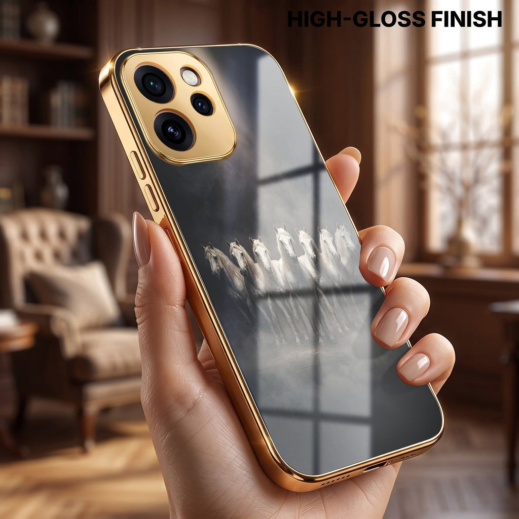 Oppo Reno 15 Pro Mini 5G Running Horses Gold Electroplated Glass Phone Back Case