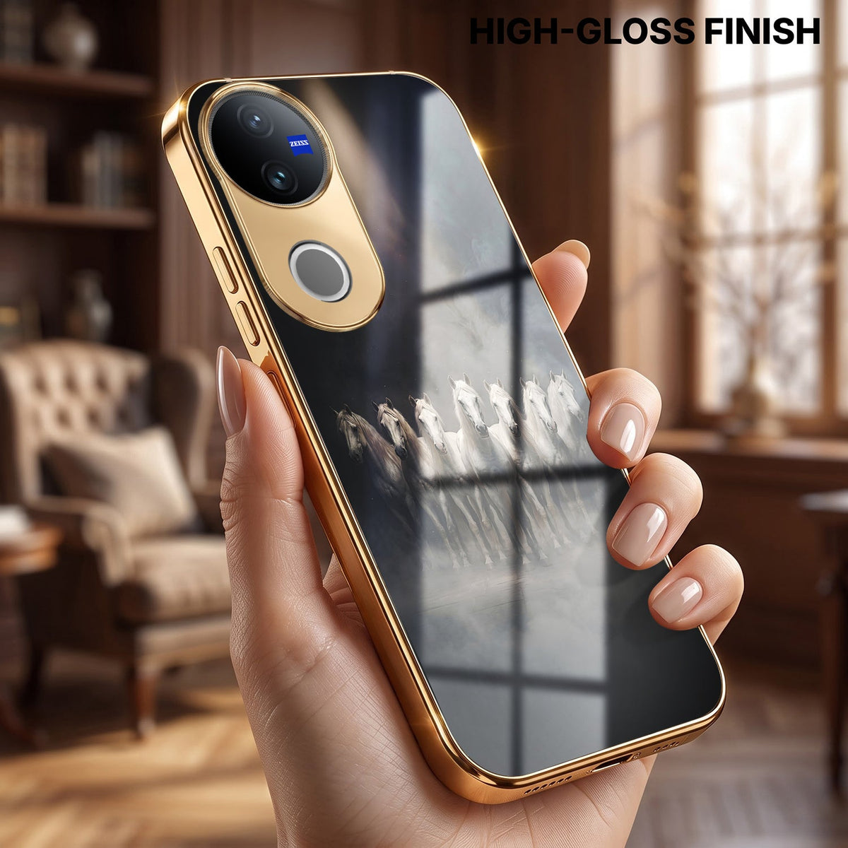 Vivo T4R 5G Running Horses Gold Electroplated Glass Phone Back Case