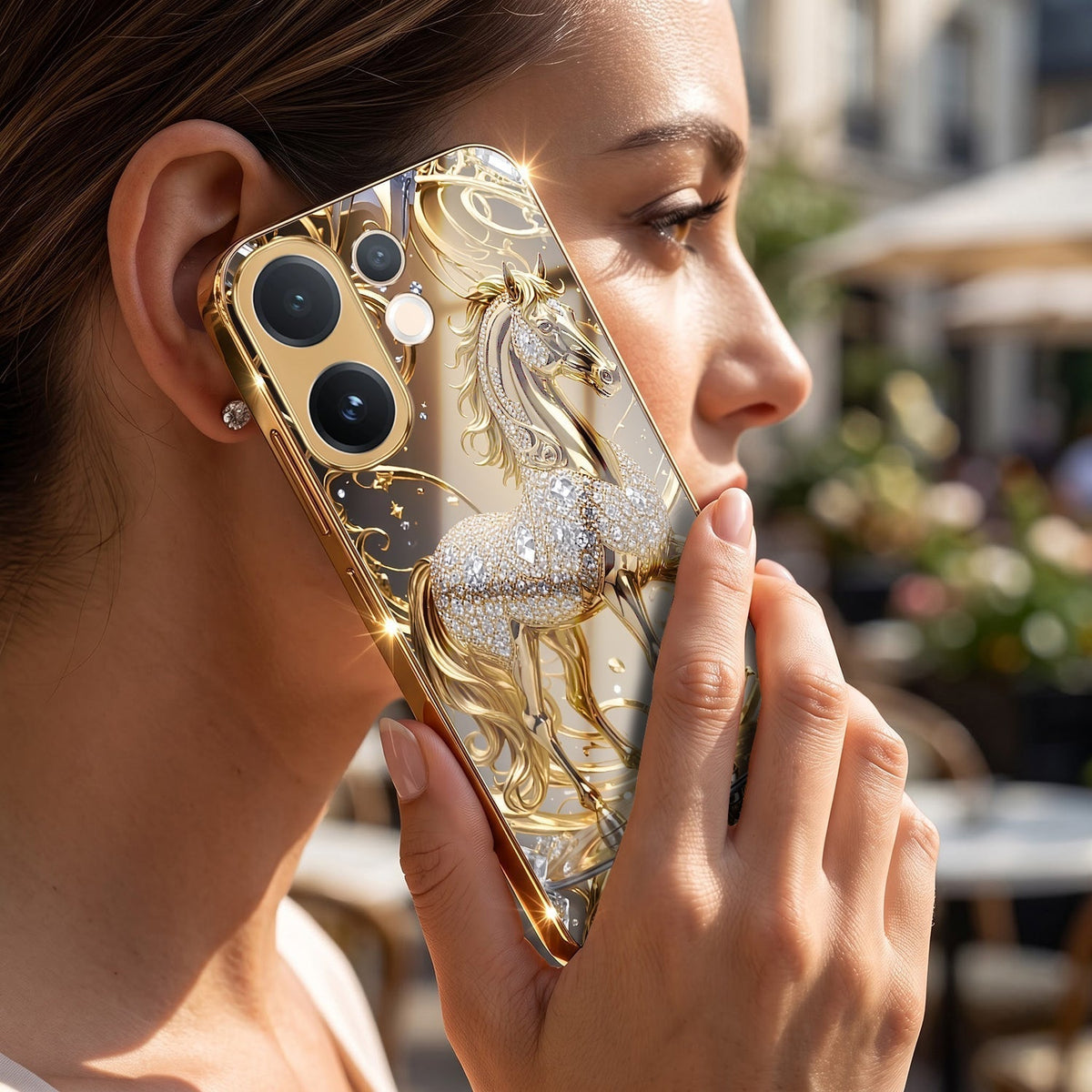 Vivo V60e 5G Luxury Horse Texture Gold Electroplated Glass Phone Back Case