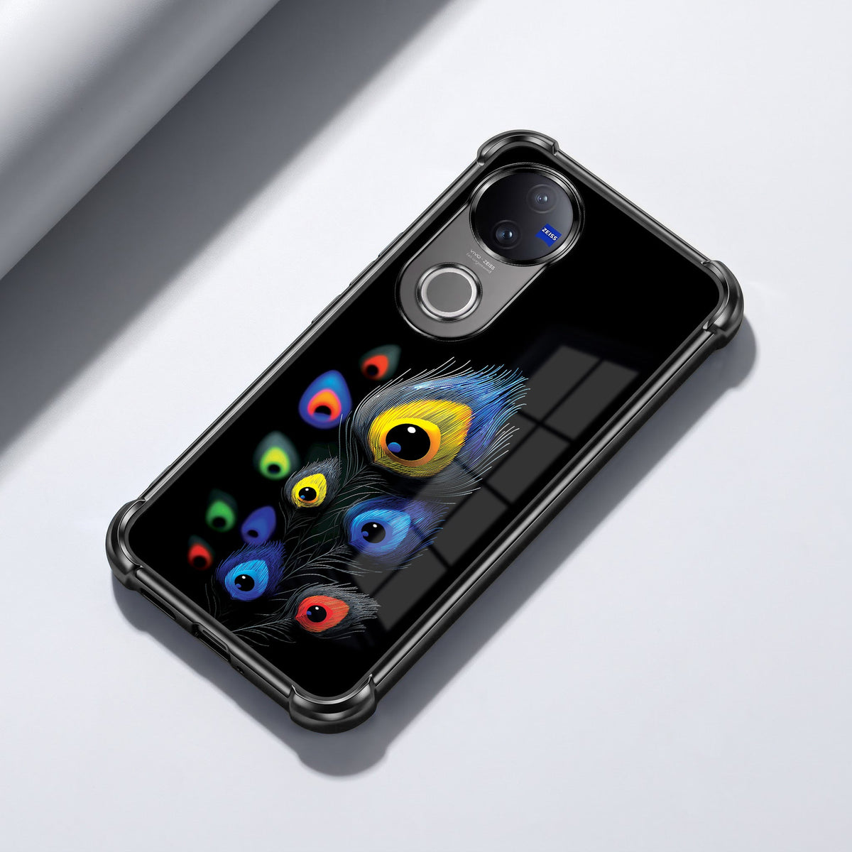 Vivo V50 5G Multi-Feather Peacock Black Airbags Printed Back Case