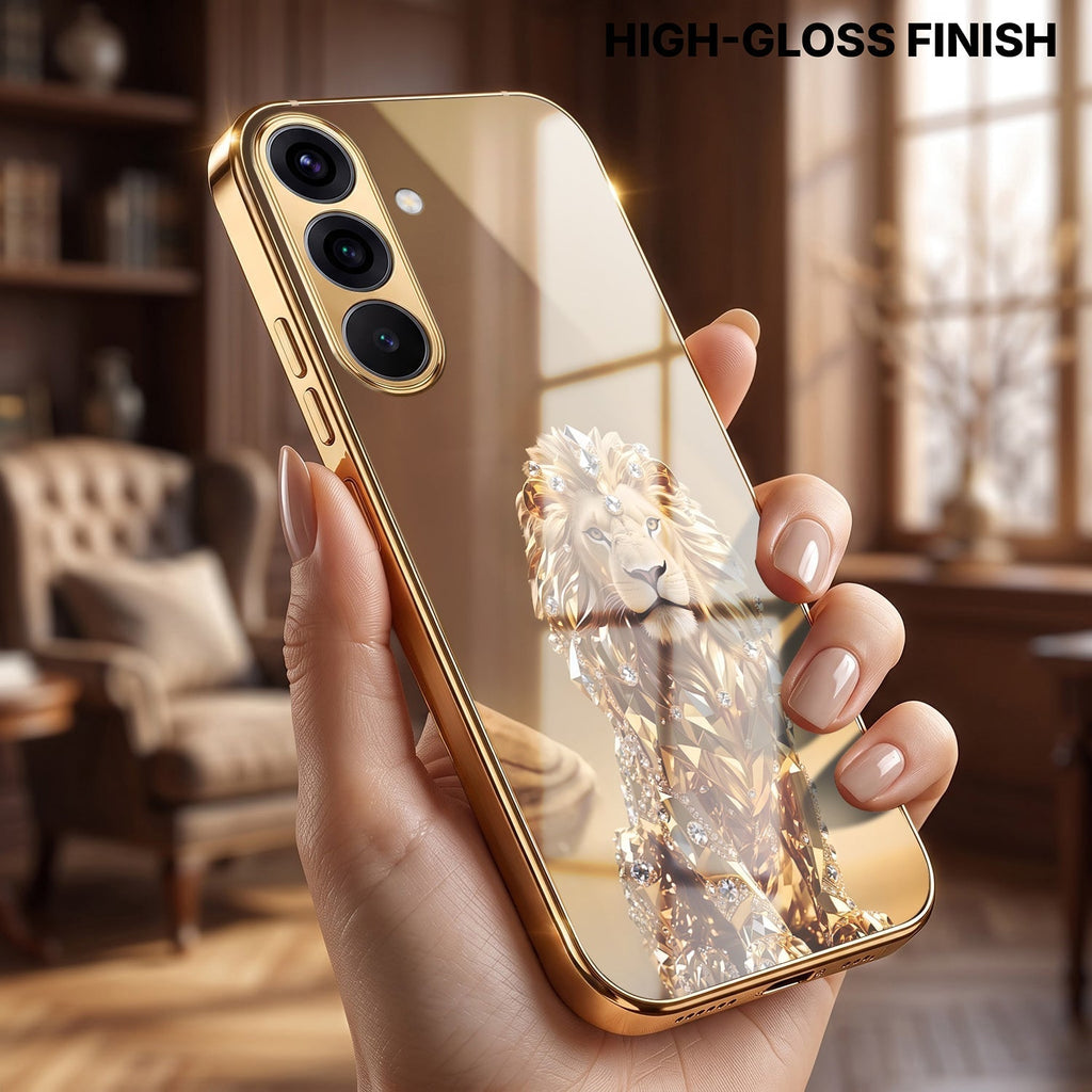Samsung Galaxy A56 5G Luxury Lion Gold Electroplated Glass Phone Back Case