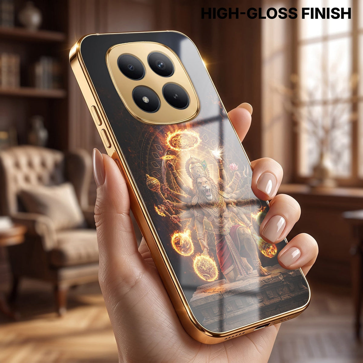 Redmi Note 15 Pro Plus 5G Lord Narasimha Gold Electroplated Glass Phone Back Case