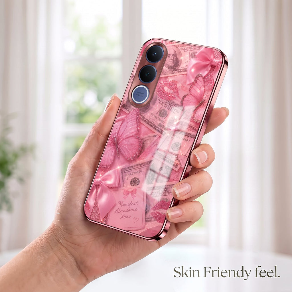 Vivo V70 FE 5G Luxury Dollar Butterfly Pink Electroplated Glass Phone Back Case