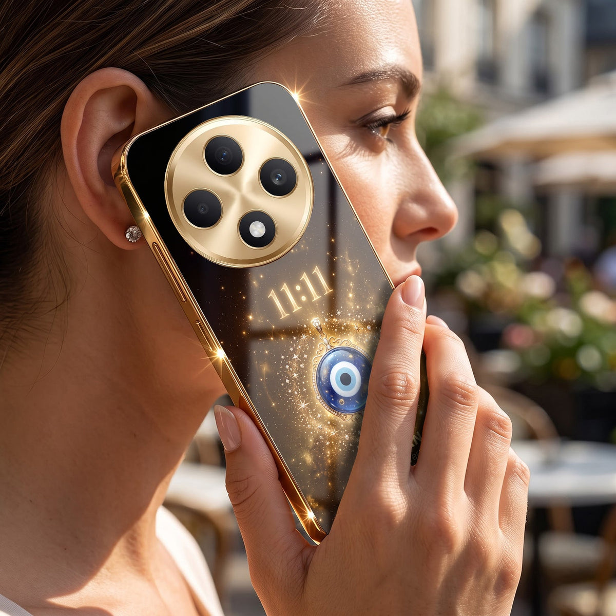 Oppo F27 Pro+ 5G God’s Plan Evil Eye Gold Electroplated Glass Phone Back Case