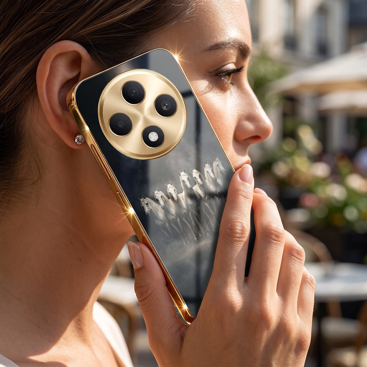 Oppo F27 Pro+ 5G Running Horses Gold Electroplated Glass Phone Back Case