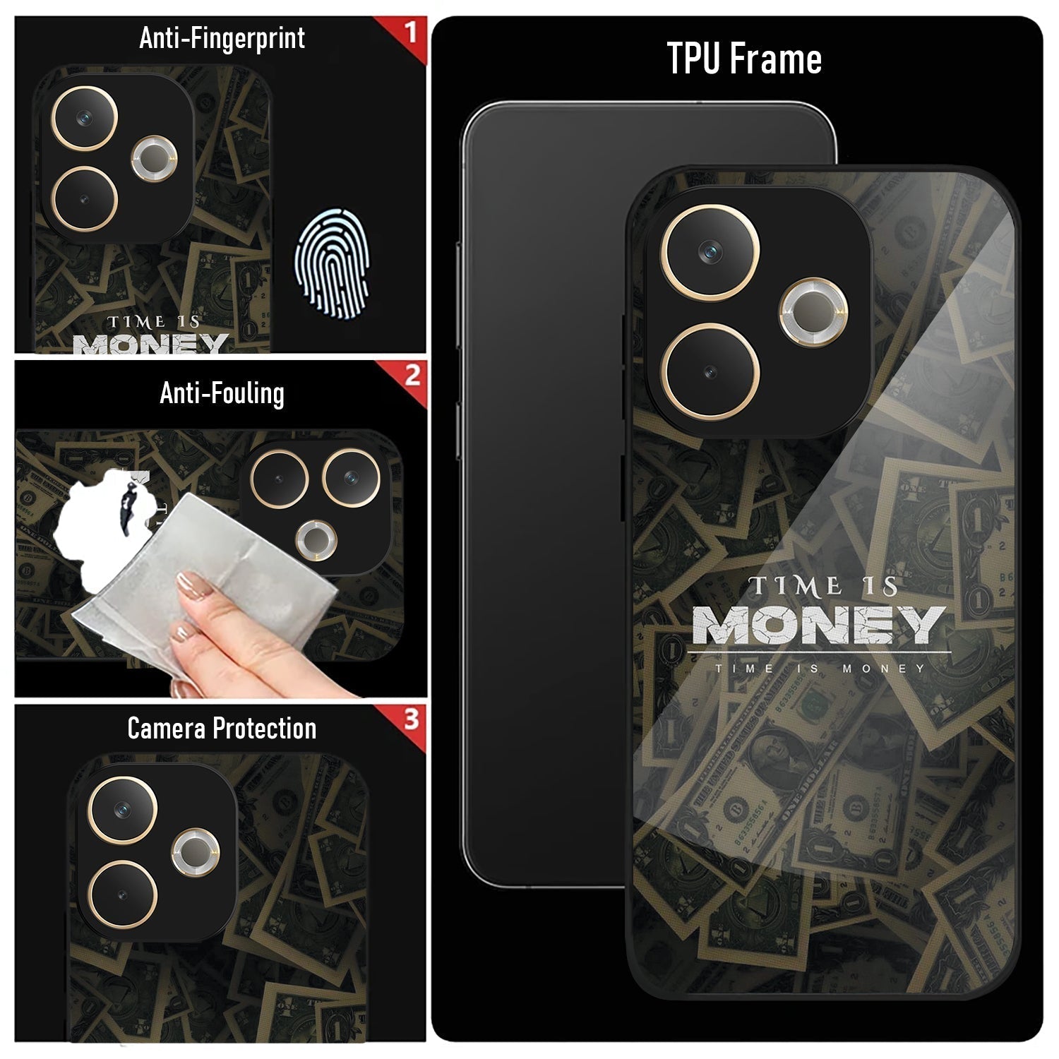 Oppo A5 Pro 5G Premium Acrylic Shockproof Glass Back Case (Time is Money )