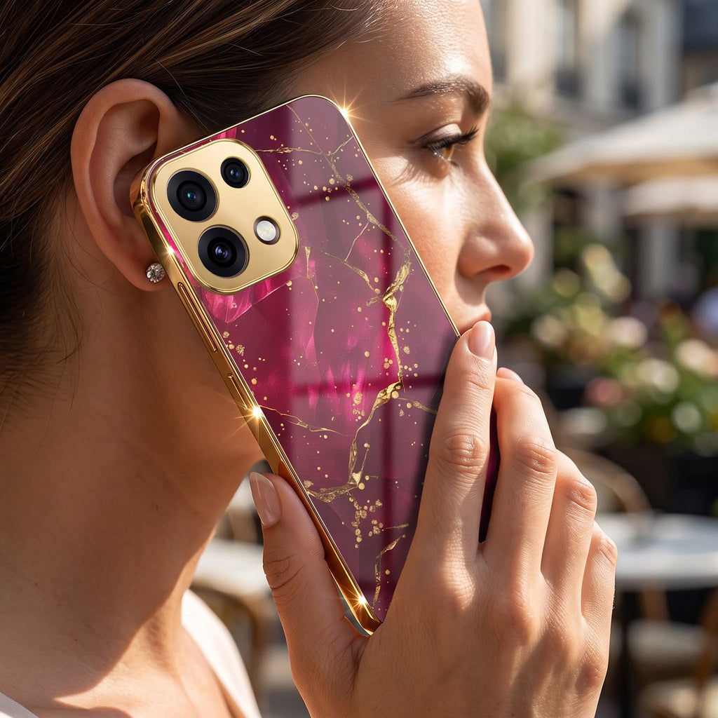 Oppo Reno 16C 5G Luxury Crimson Marble Gold Electroplated Glass Phone Back Case