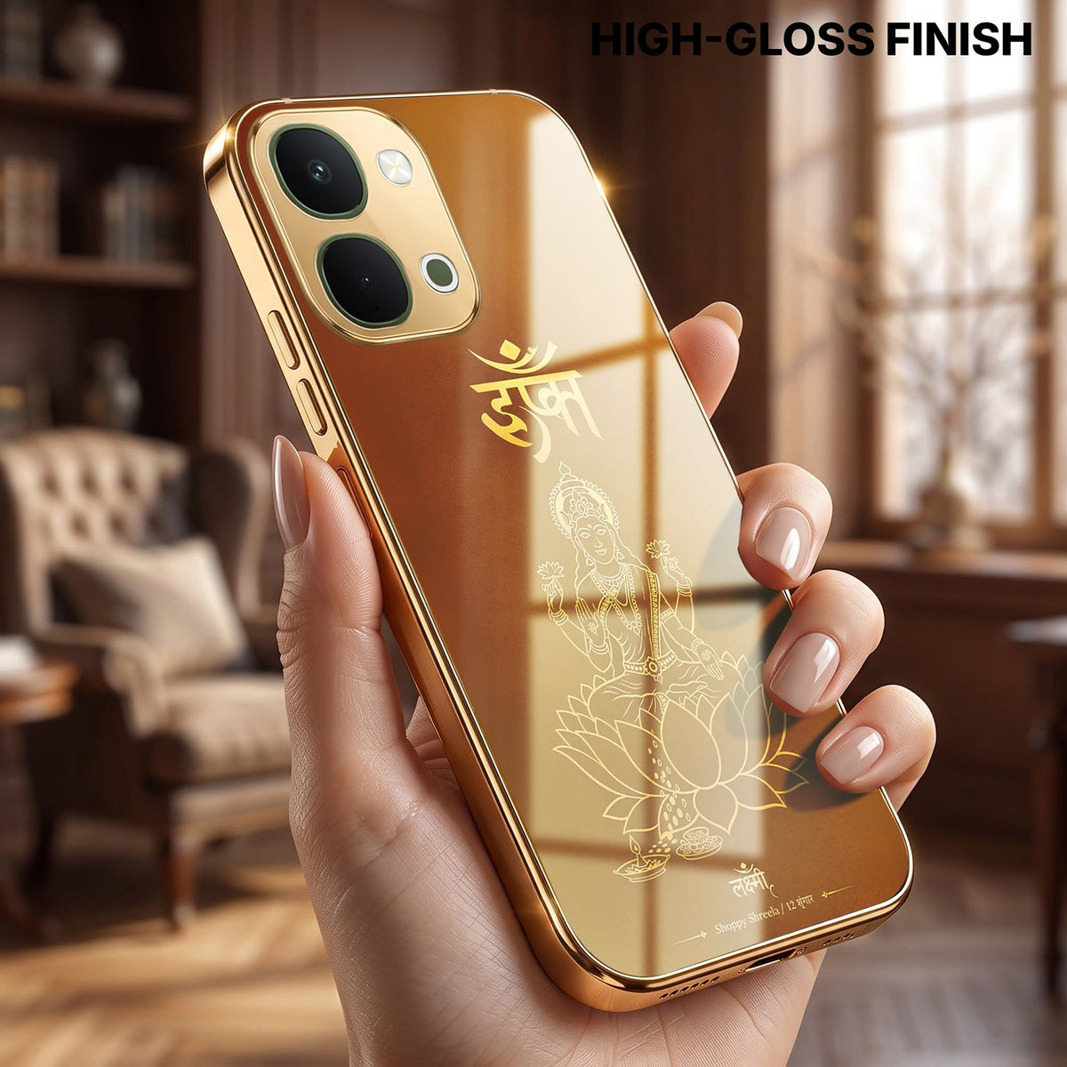 Vivo T5x 5G Shree Lakshmi Divine Gold Electroplated Glass Phone Back Case