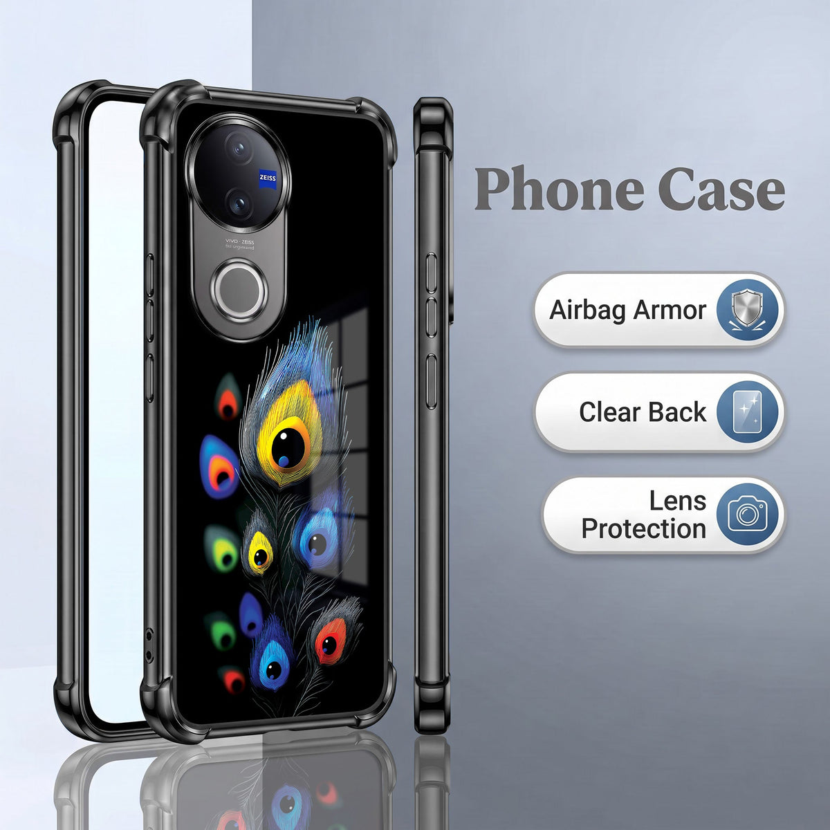 Vivo V50 5G Multi-Feather Peacock Black Airbags Printed Back Case