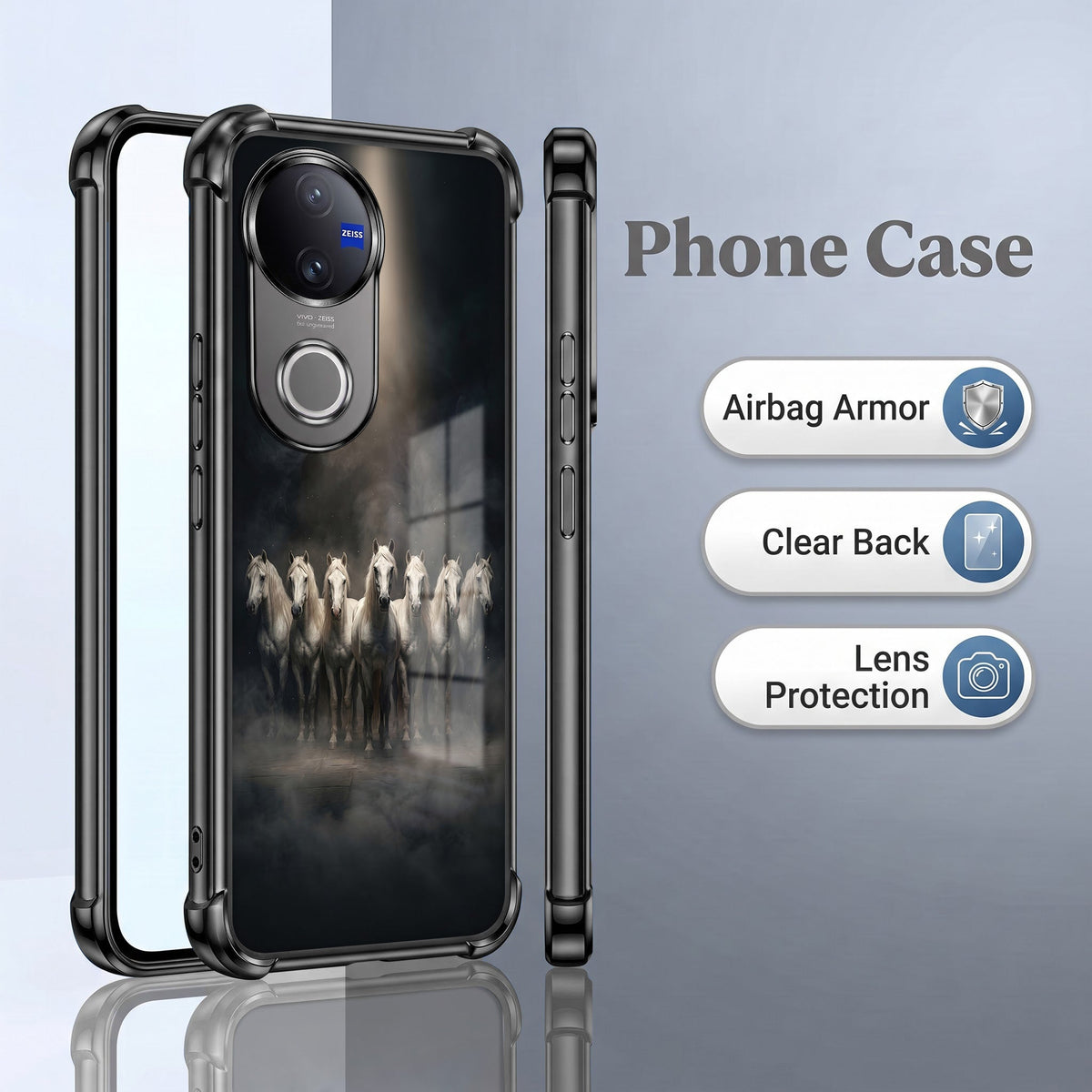 Vivo V50 5G Running Horses Black Airbags Printed Back Case