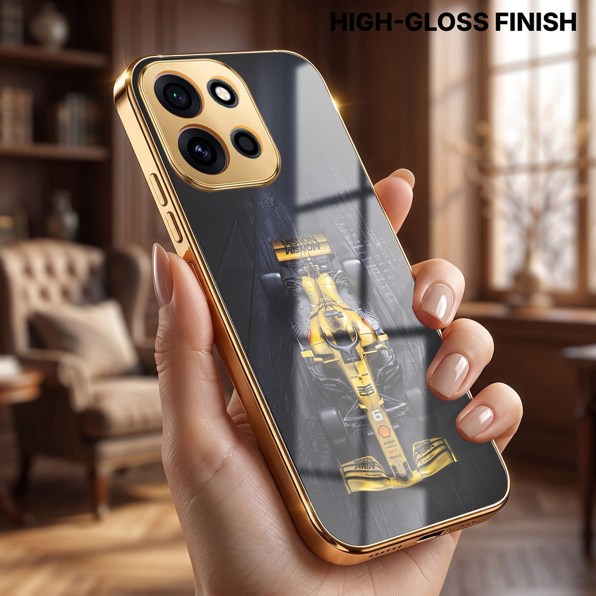 OnePlus Nord 6 5G F1 Racing Car Gold Electroplated Glass Phone Back Case