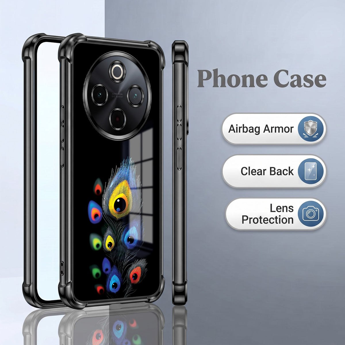 Vivo T4 5G Multi-Feather Peacock Black Airbags Printed Back Case