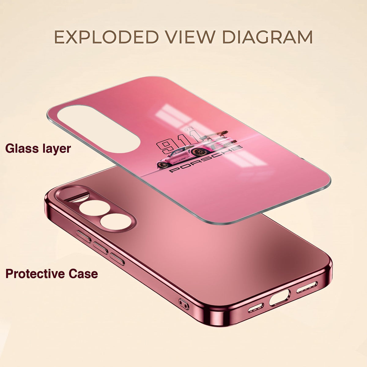 Vivo V70 FE 5G Luxury Porsche 911 Pink Electroplated Glass Phone Back Case