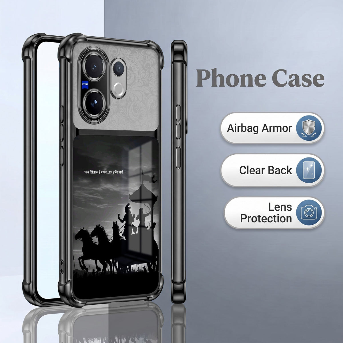 Vivo V60 5G Mahabharat Divine Dual-Tone Transparent Black Airbags Case