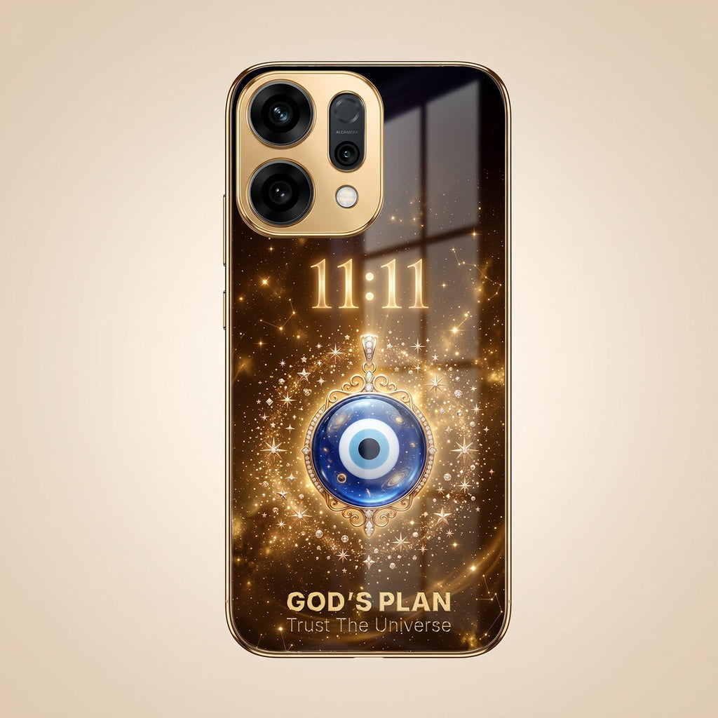 Oppo Reno 14 5G God’s Plan Evil Eye Gold Electroplated Glass Phone Back Case