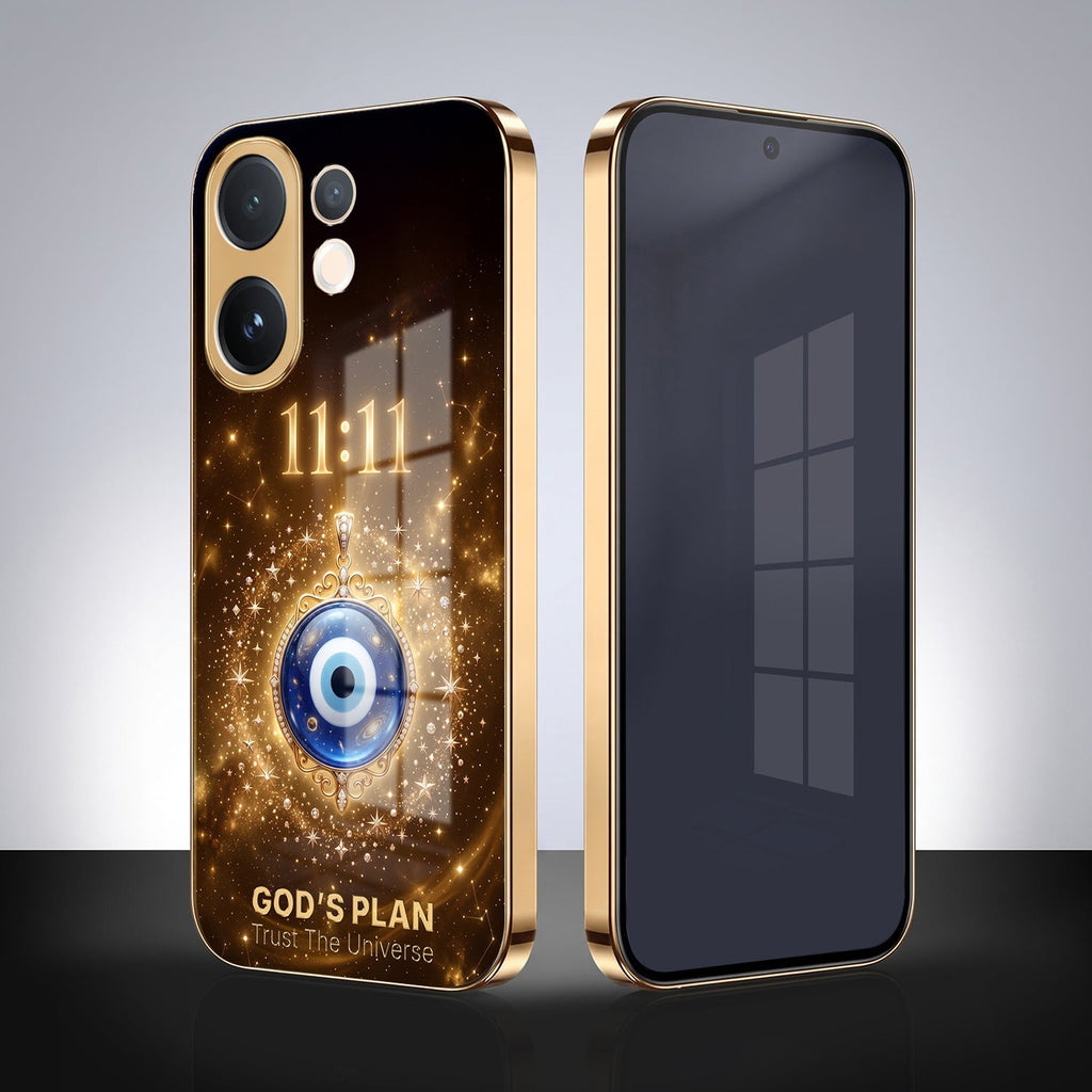 Vivo V60 5G God’s Plan Evil Eye Gold Electroplated Glass Phone Back Case