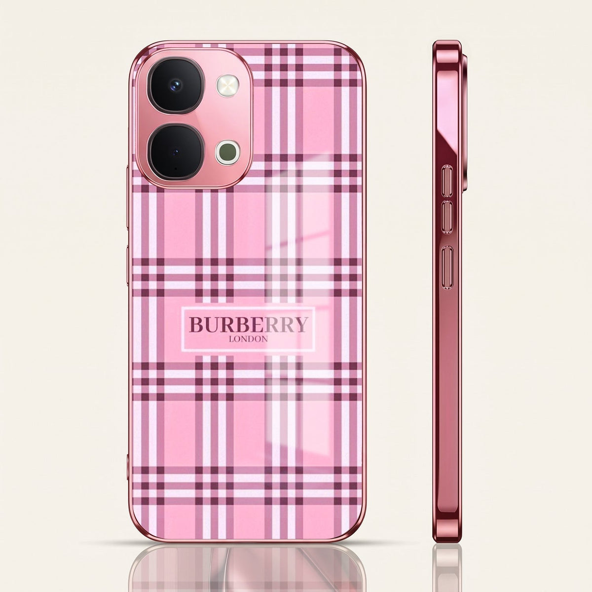 Vivo T5x 5G Burberry Classic Pink Electroplated Glass Phone Back Case