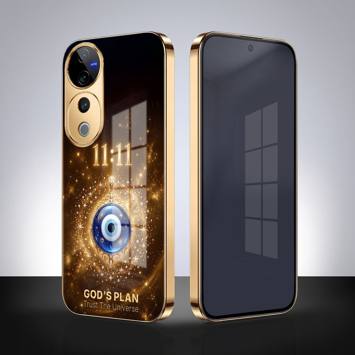 Vivo V40 Pro 5G God’s Plan Evil Eye Gold Electroplated Glass Phone Back Case