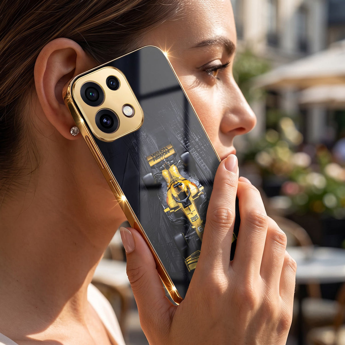 Oppo Reno 16C 5G F1 Racing Car Gold Electroplated Glass Phone Back Case