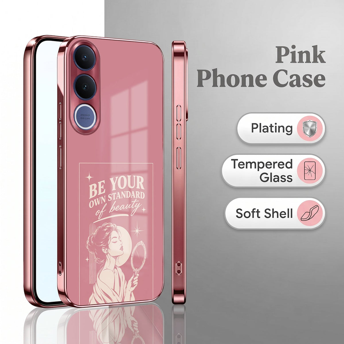 Vivo V70 FE 5G Luxury Aesthetic Girl Pink Electroplated Glass Phone Back Case