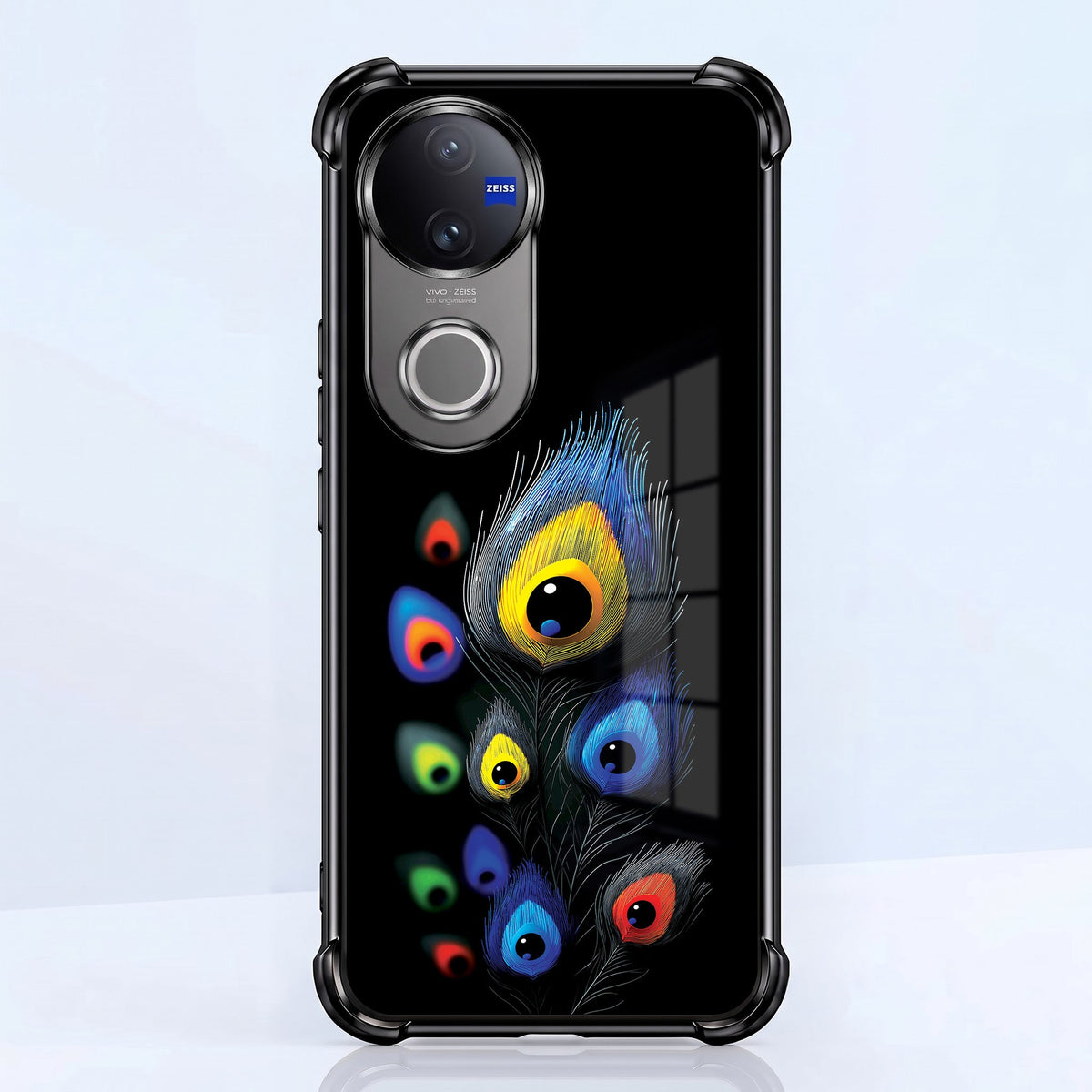 Vivo V50 5G Multi-Feather Peacock Black Airbags Printed Back Case