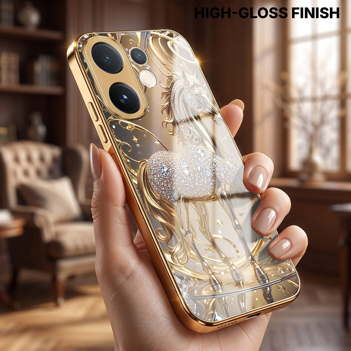 Vivo V60e 5G Luxury Horse Texture Gold Electroplated Glass Phone Back Case