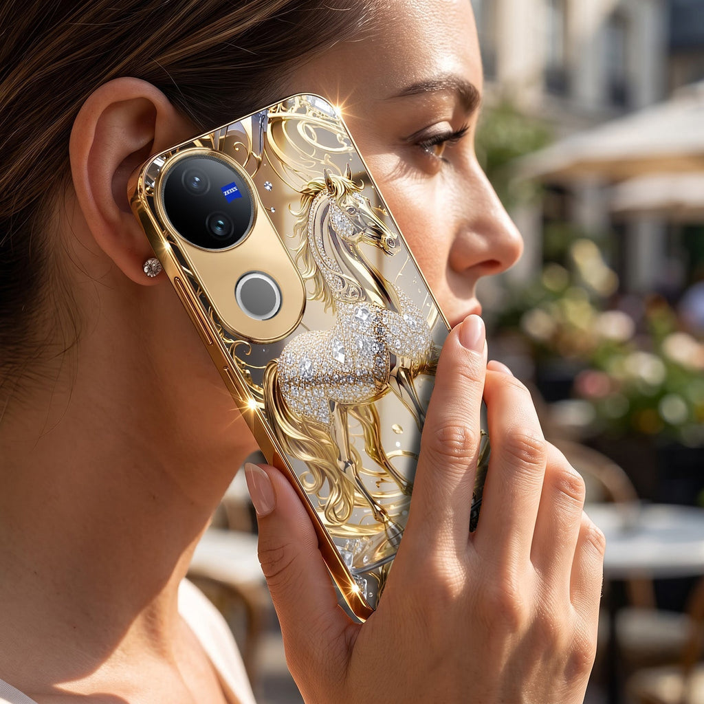 Vivo V50 5G Luxury Horse Texture Gold Electroplated Glass Phone Back Case