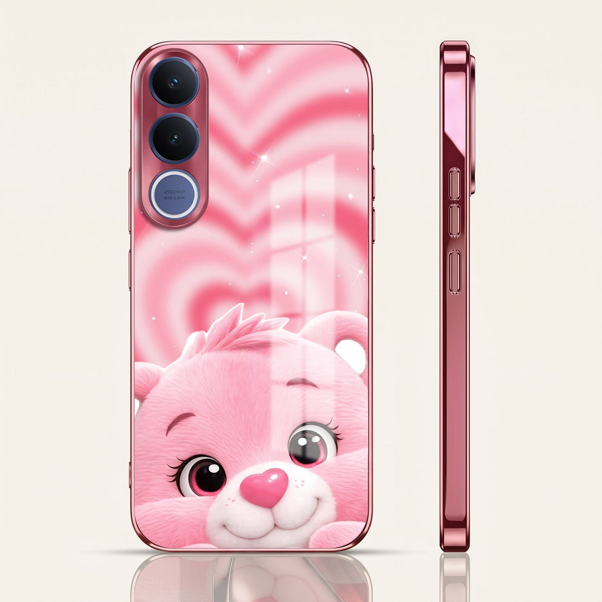 Vivo V70 FE 5G Luxury Cute Teddy Pink Electroplated Glass Phone Back Case