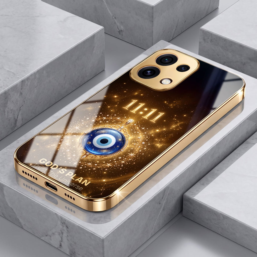 Oppo Reno 16C 5G God’s Plan Evil Eye Gold Electroplated Glass Phone Back Case