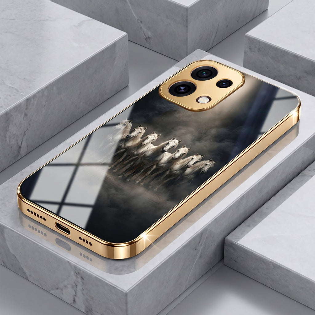 Oppo Reno 16C 5G Running Horses Gold Electroplated Glass Phone Back Case
