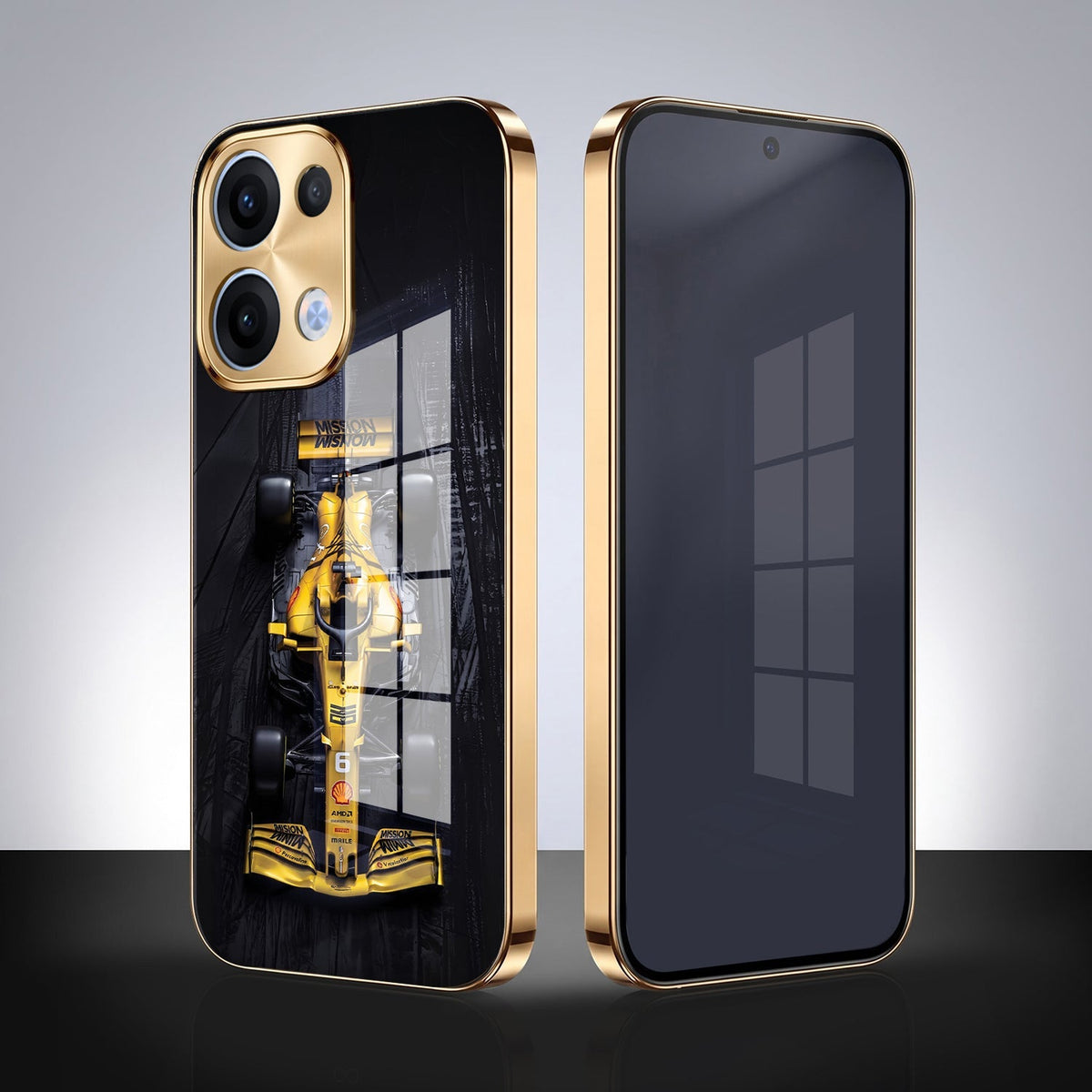 Oppo Reno 13 5G F1 Racing Car Gold Electroplated Glass Phone Back Case