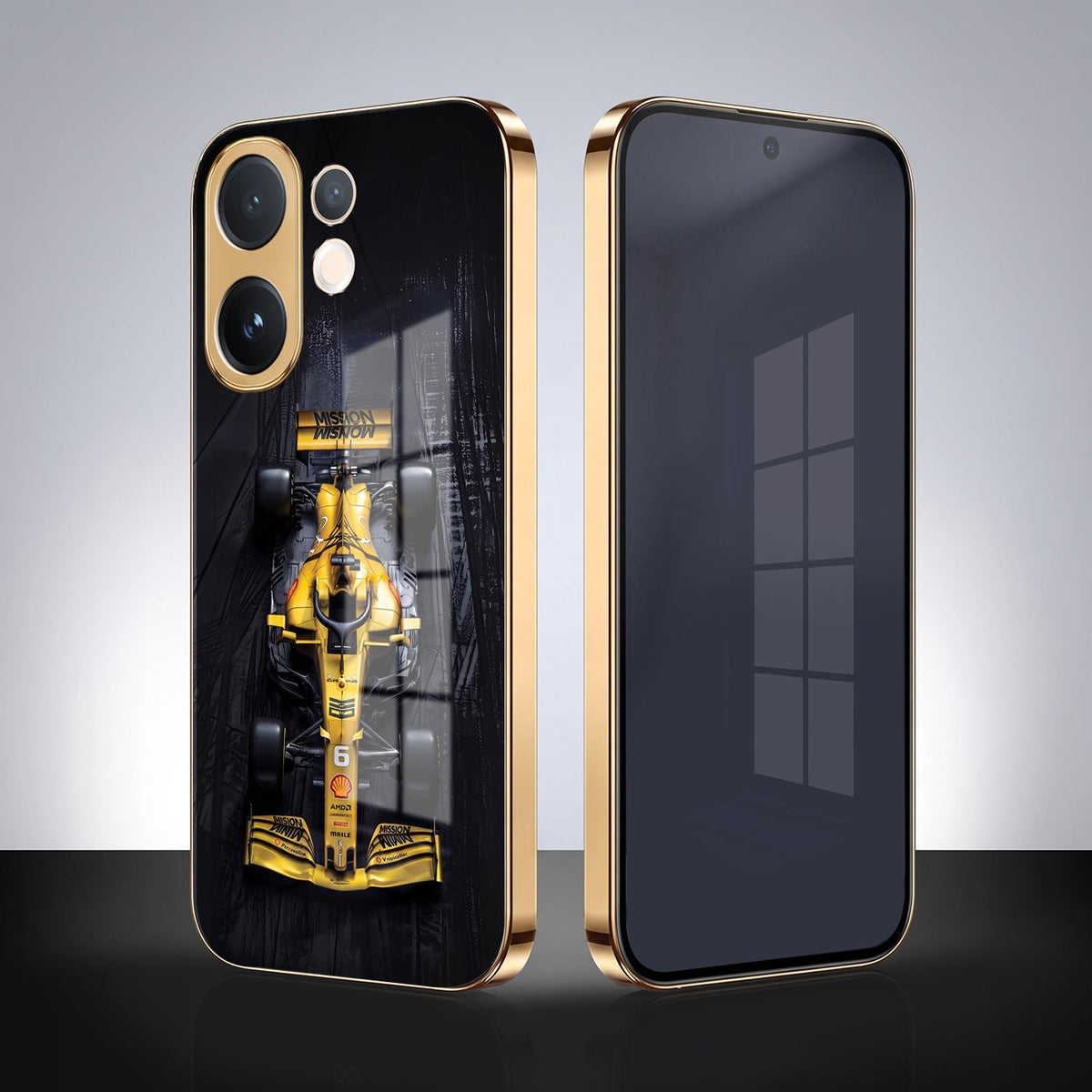 Vivo V60e 5G F1 Racing Car Gold Electroplated Glass Phone Back Case