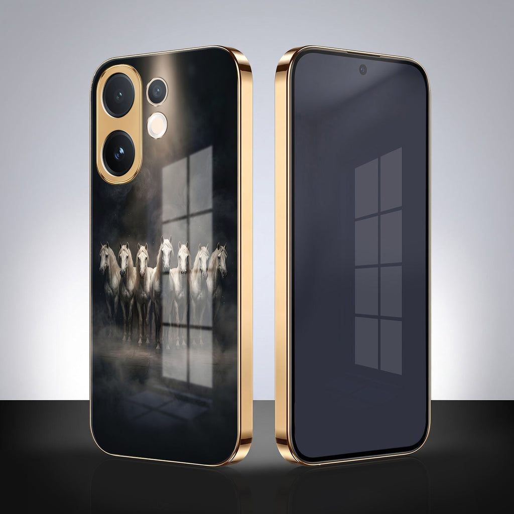 Vivo T4 Pro 5G Running Horses Gold Electroplated Glass Phone Back Case