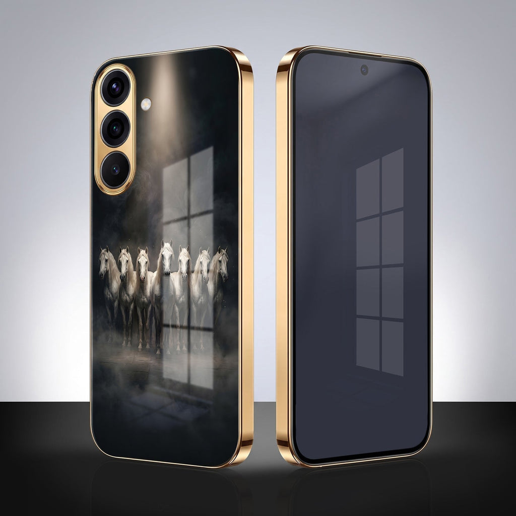 Samsung Galaxy A56 5G Running Horses Gold Electroplated Glass Phone Back Case