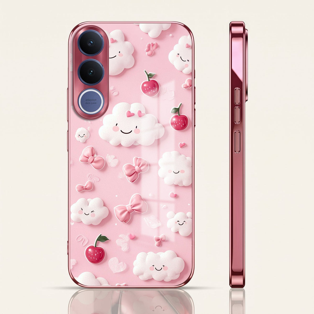 Vivo V70 FE 5G Luxury 3D Clouds Pink Electroplated Glass Phone Back Case