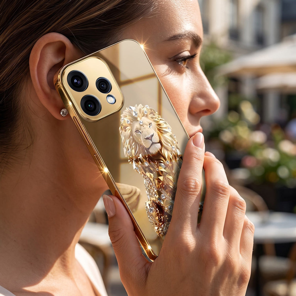 Oppo Reno 15 5G Luxury Lion Gold Electroplated Glass Phone Back Case