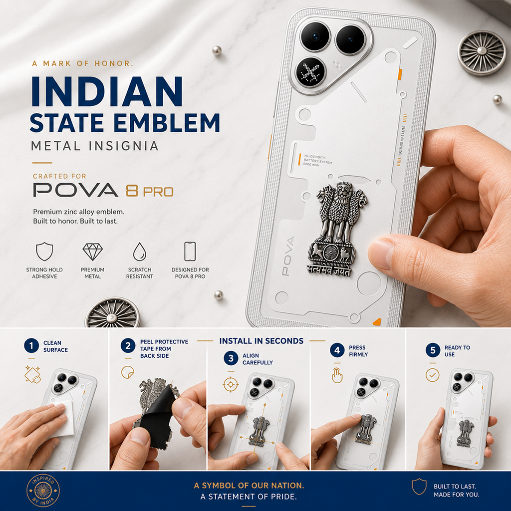 Tecno Pova 8 5G Compatible Satyamev Jayate 3D Metal Emblem Sticker