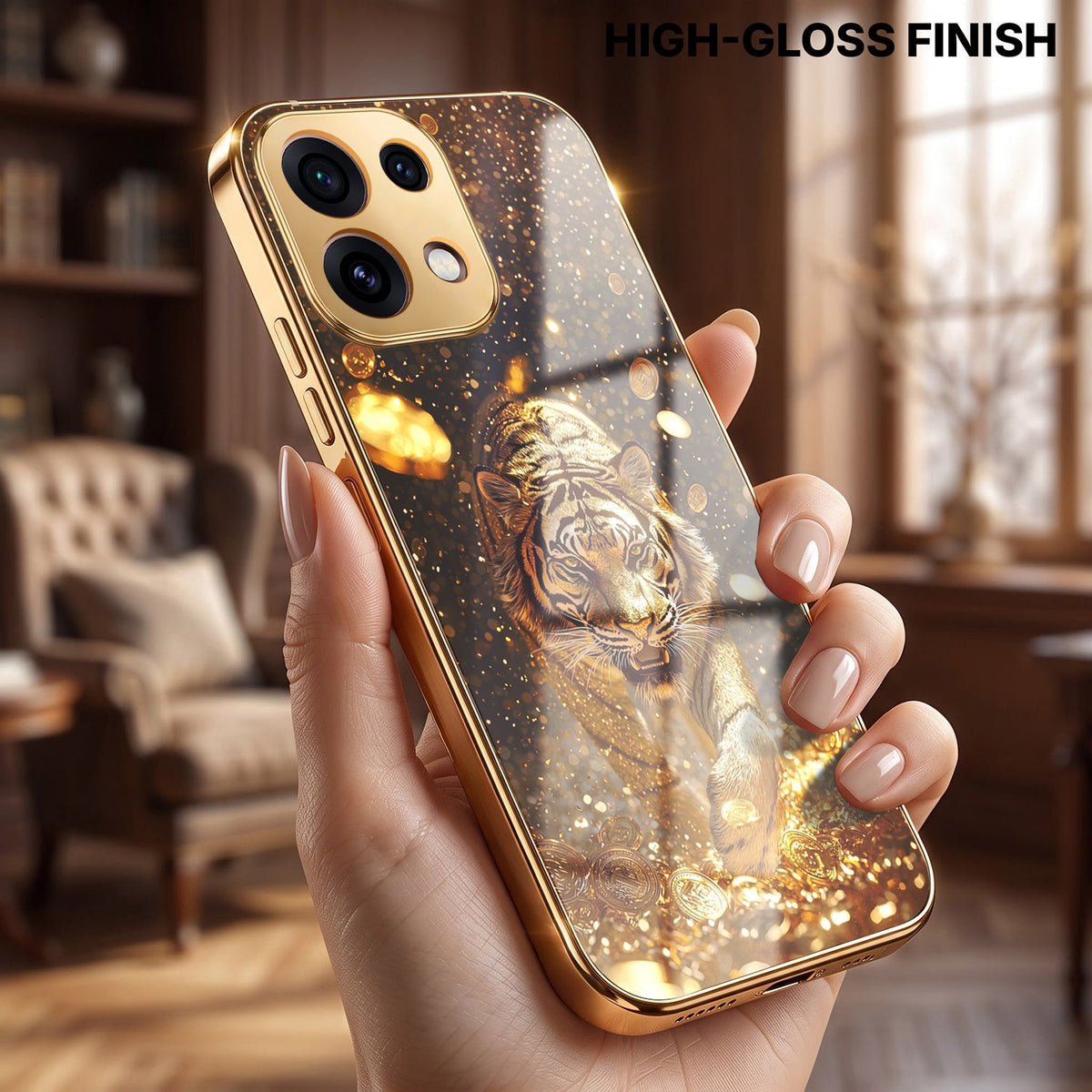 Oppo Reno 16C 5G Luxury Tiger Gold Electroplated Glass Phone Back Case
