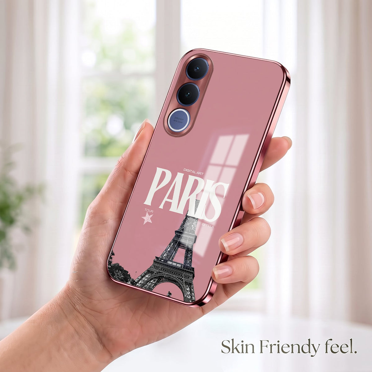 Vivo V70 FE 5G Luxury Paris Tower Pink Electroplated Glass Phone Back Case