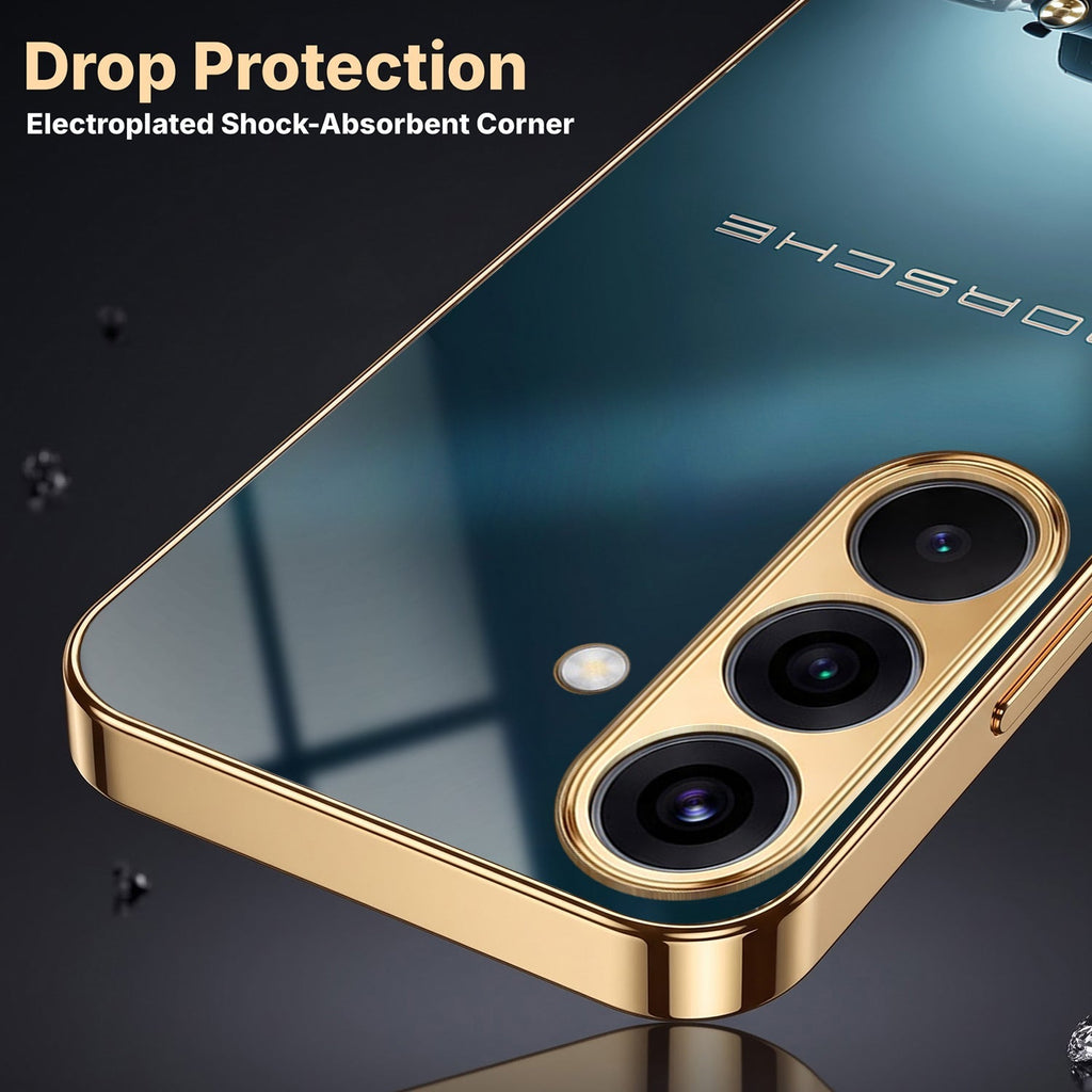 Samsung Galaxy A56 5G Porsche Luxury Gold Electroplated Glass Phone Back Case